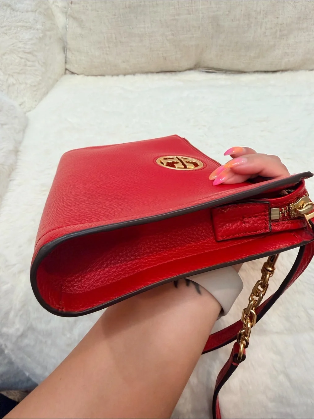 Tory Burch Red Pebbled Leather Crossbody with Gold Emblem